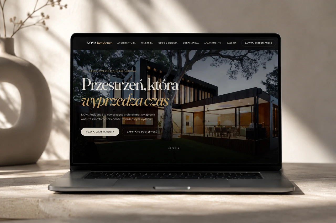 Strona internetowa NOVA Residence wyświetlona na ekranie laptopa
