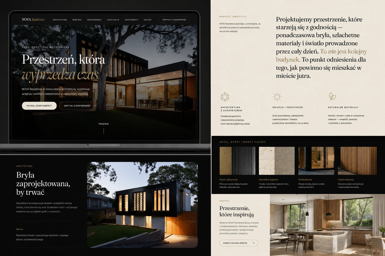 Strona internetowa NOVA Residence - układ sekcji, typografia i detale projektu